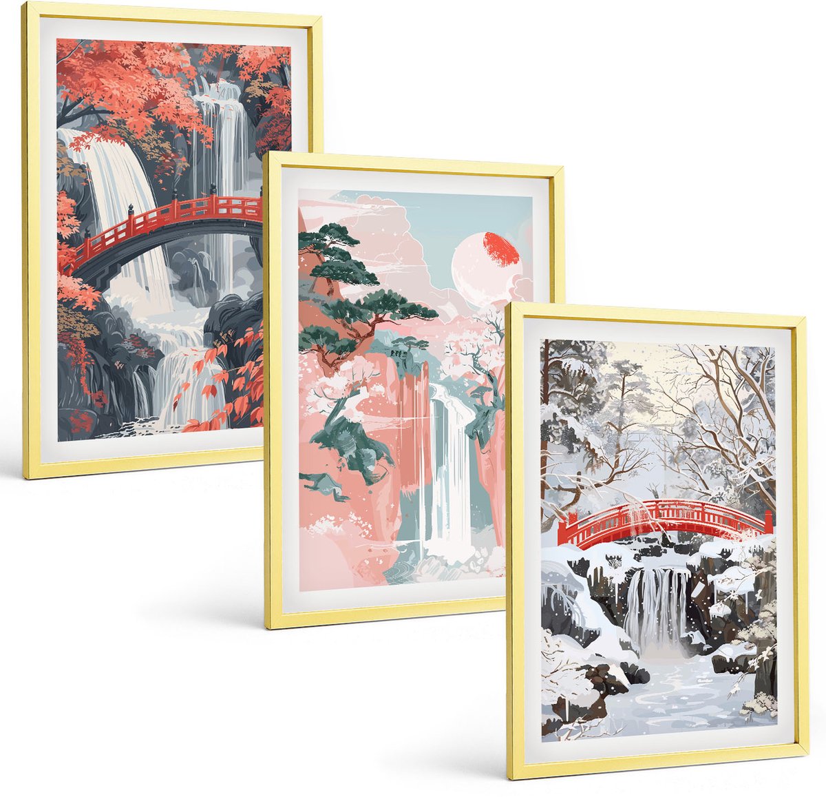 Coloray 3-Delige Schilderij Set - Watervallen In Verschillende Seizoenen Met Bruggen En Bomen. - 40 x 40 cm En 40 x 60 cm - Wanddecoratie - Muurdecoratie - Woonkamer - Woonkamer Decoratie