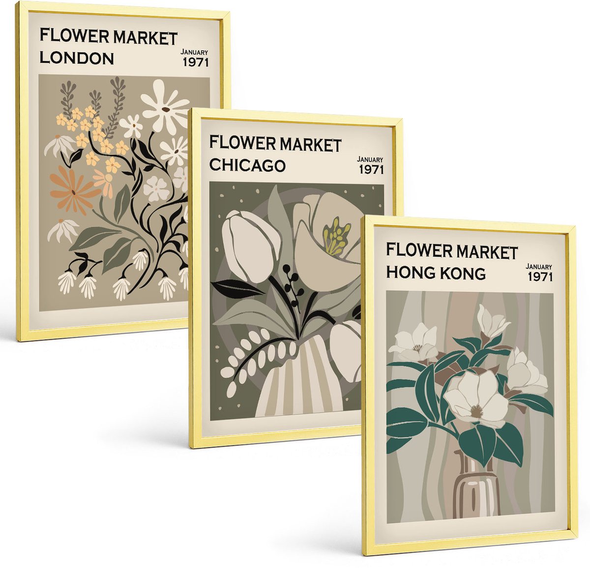 Coloray 3-Delige Schilderij Set - Bloemenposters Londen Hong Kong Illustraties - 40 x 40 cm En 40 x 60 cm - Wanddecoratie - Woonkamer Decoratie - Muurdecoratie
