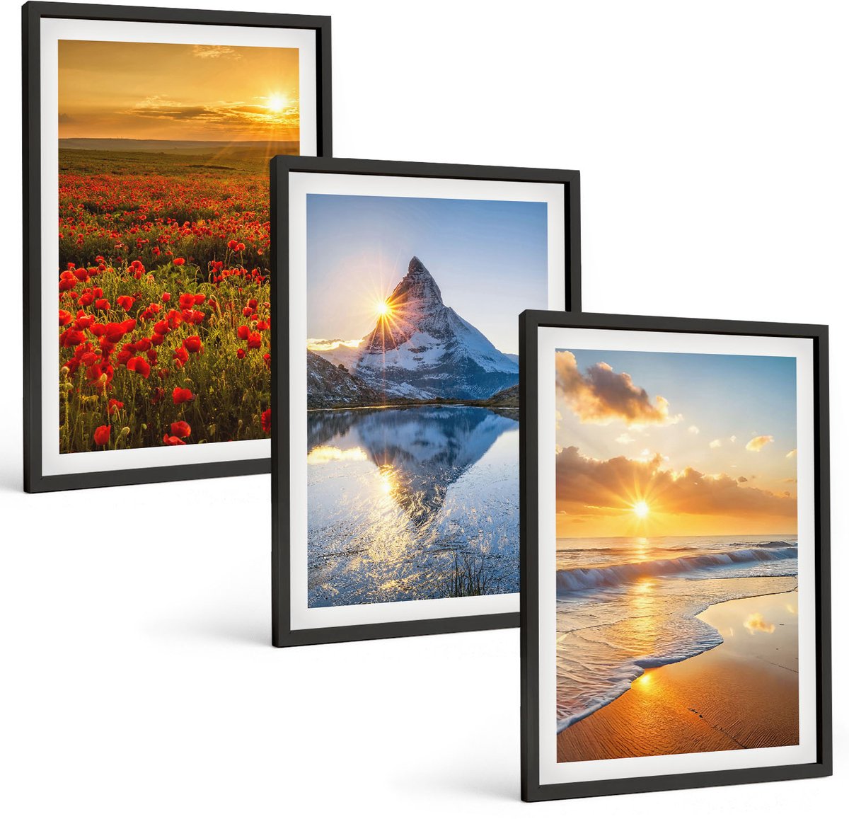 Coloray 3-Delige Schilderij Set - Berg- En Kustlandschappen Met Zonsondergang - 40 x 60 cm - Wanddecoratie - Woonkamer Decoratie - Interieur Decoratie