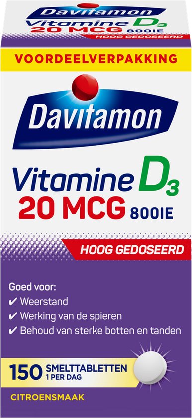 Voordeelverpakking Davitamon Vitamine D3 20 mcg 800IE hoog gedoseerd, 150 smelttabletten met citroensmaak.