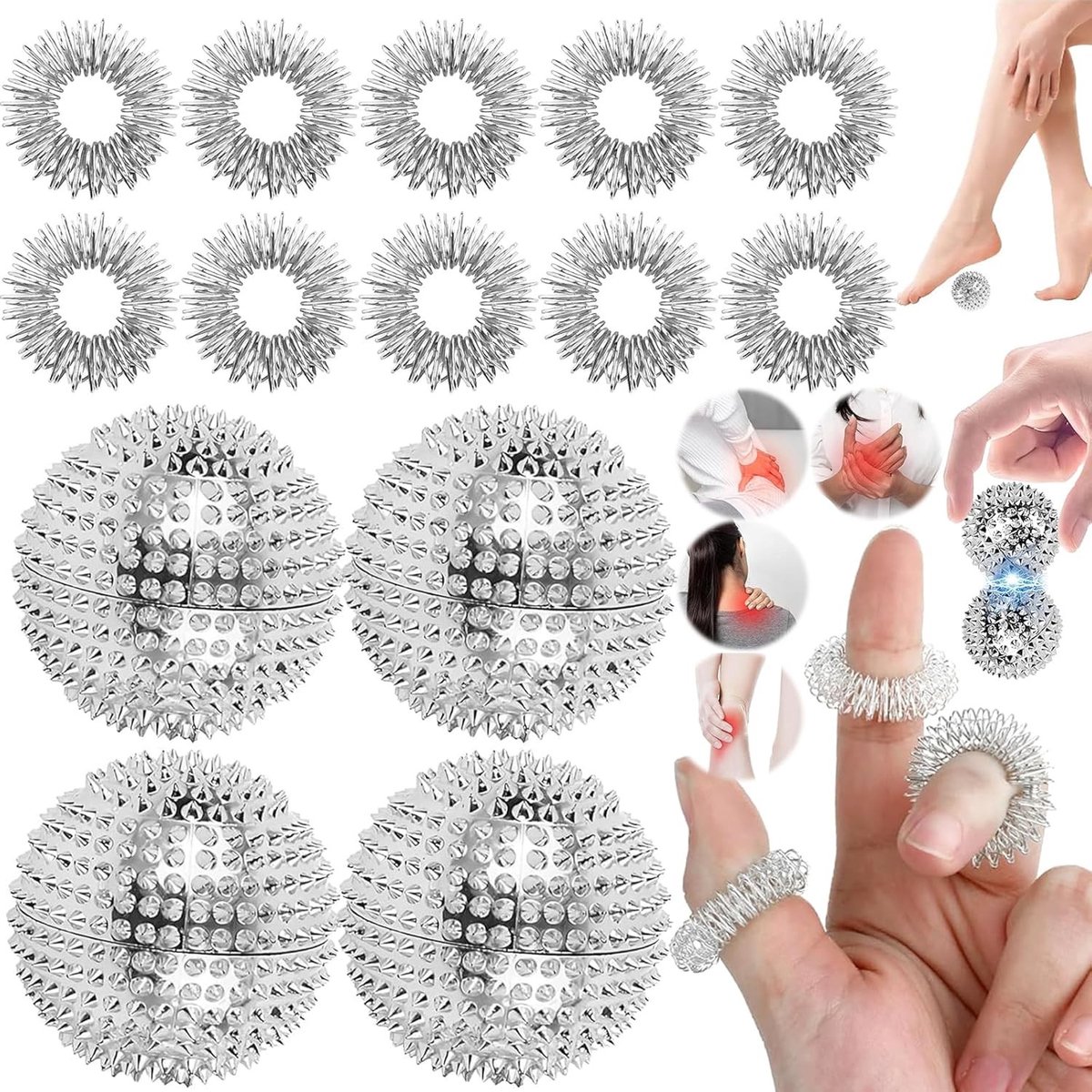 Set van 14 Magnetische Massageballen voor Stressverlichting, Acupressuurballen, Massage Ringen en Vingeracupressuur, Inclusief 4 Hedgehog Ballen en 10 Massage Ringen