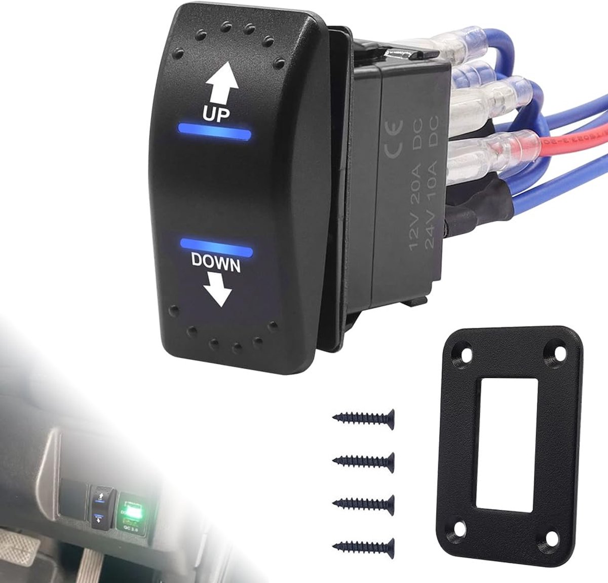 Reverse Momentan tuimelschakelaar, 7-pins 12 V 20 A, DC motorbesturing, knop, aluminium plaat schroef pigtail