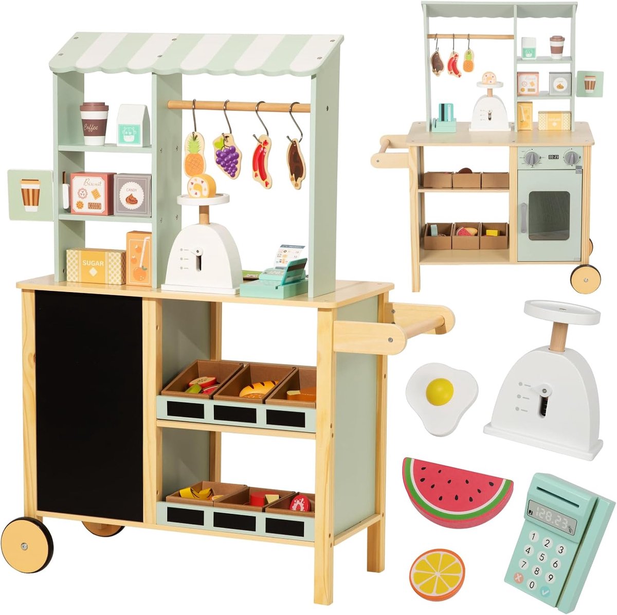 Toys Houten Supermarkt – Alles‑in‑één Marktkraam voor Kinderen met Kassa, Weegschaal, Krijtbord, Hangstang, Bakjes, Duwhendel & Wielen – Omkeerbare zijde met oven – 3–7 jaar
