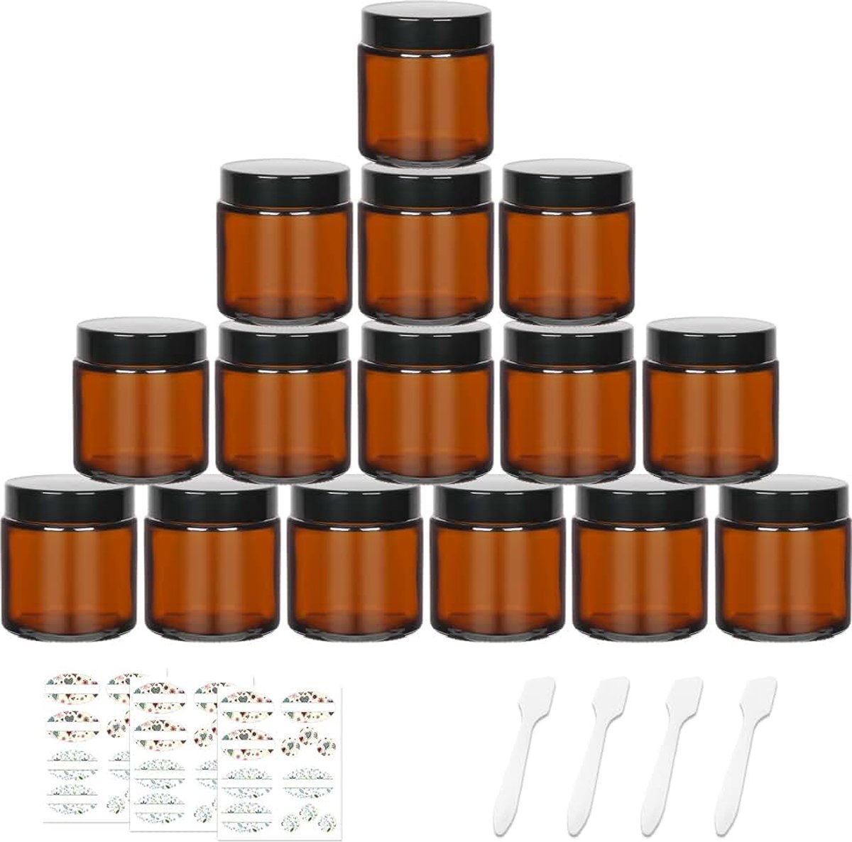 Dailygoods- Glazen Potten 15 Stuks - 120 ml - Amberkleurig - Cosmetische Containers - Zwarte Deksels - Met Etiketten