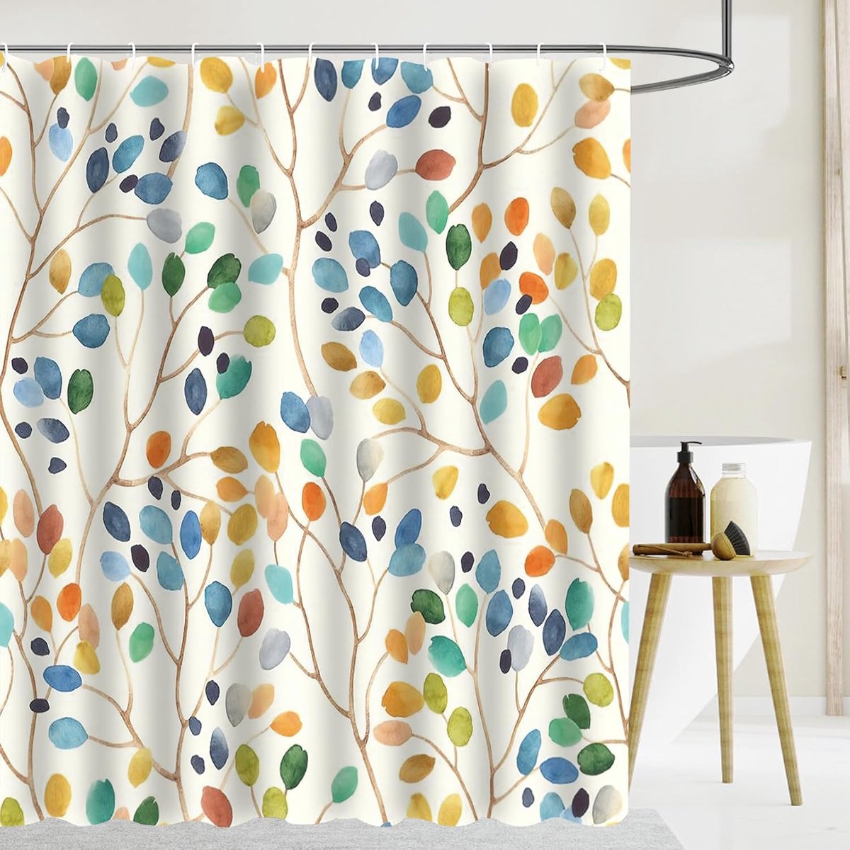 Douchegordijn, wasbaar, hoogwaardige stof, voor badkuip met inslagringen en 12 ringen, kleurrijk plantenmotief met inslagringen, boho-patroon, 180 x 180 cm