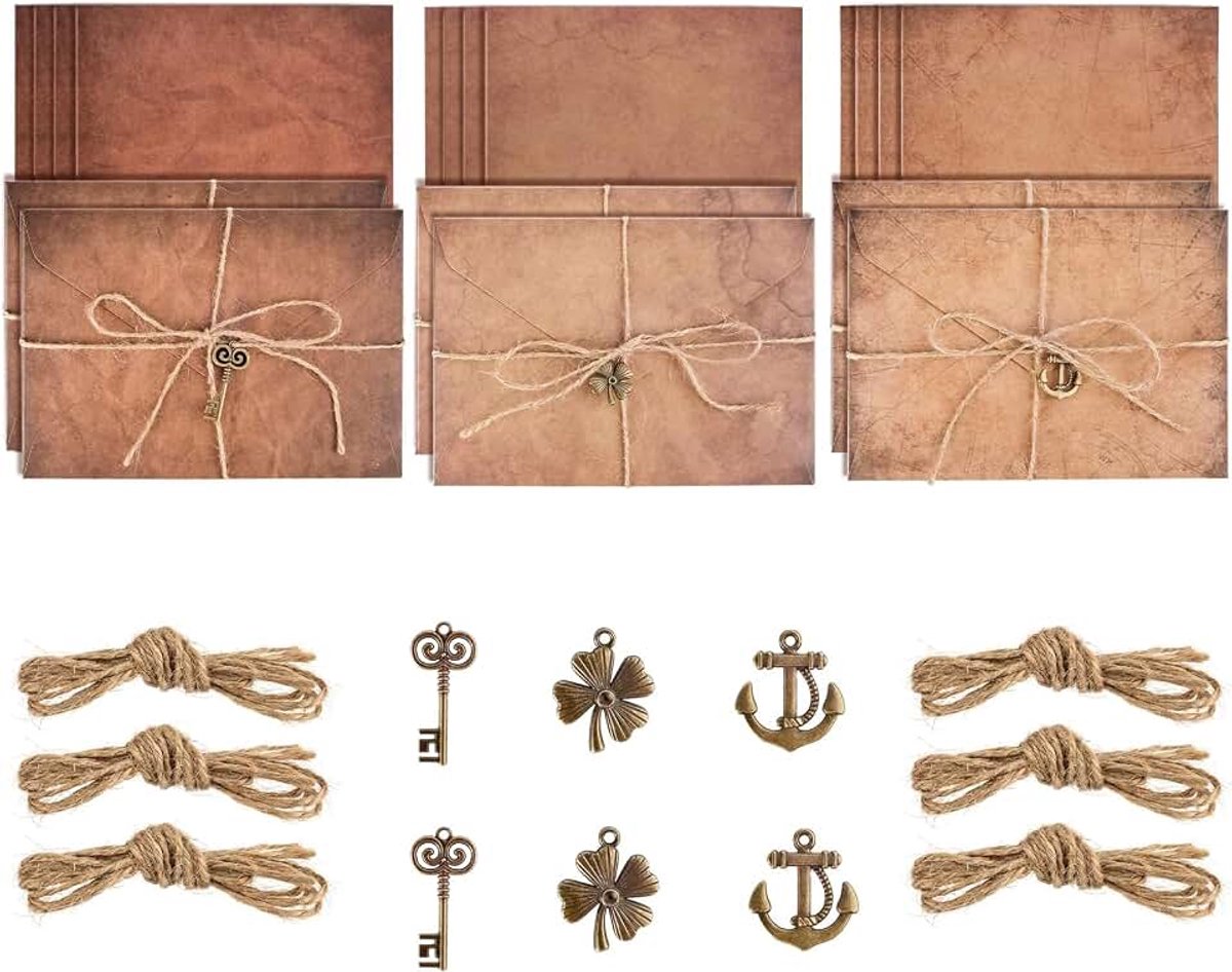 Dailygoods- Briefpapier Vintage Set - 12 Vellen Briefpapier - 6 Enveloppen - Retro Design - Henneptouwen - Metalen Accessoires - Kraftpapier - Wenskaarten