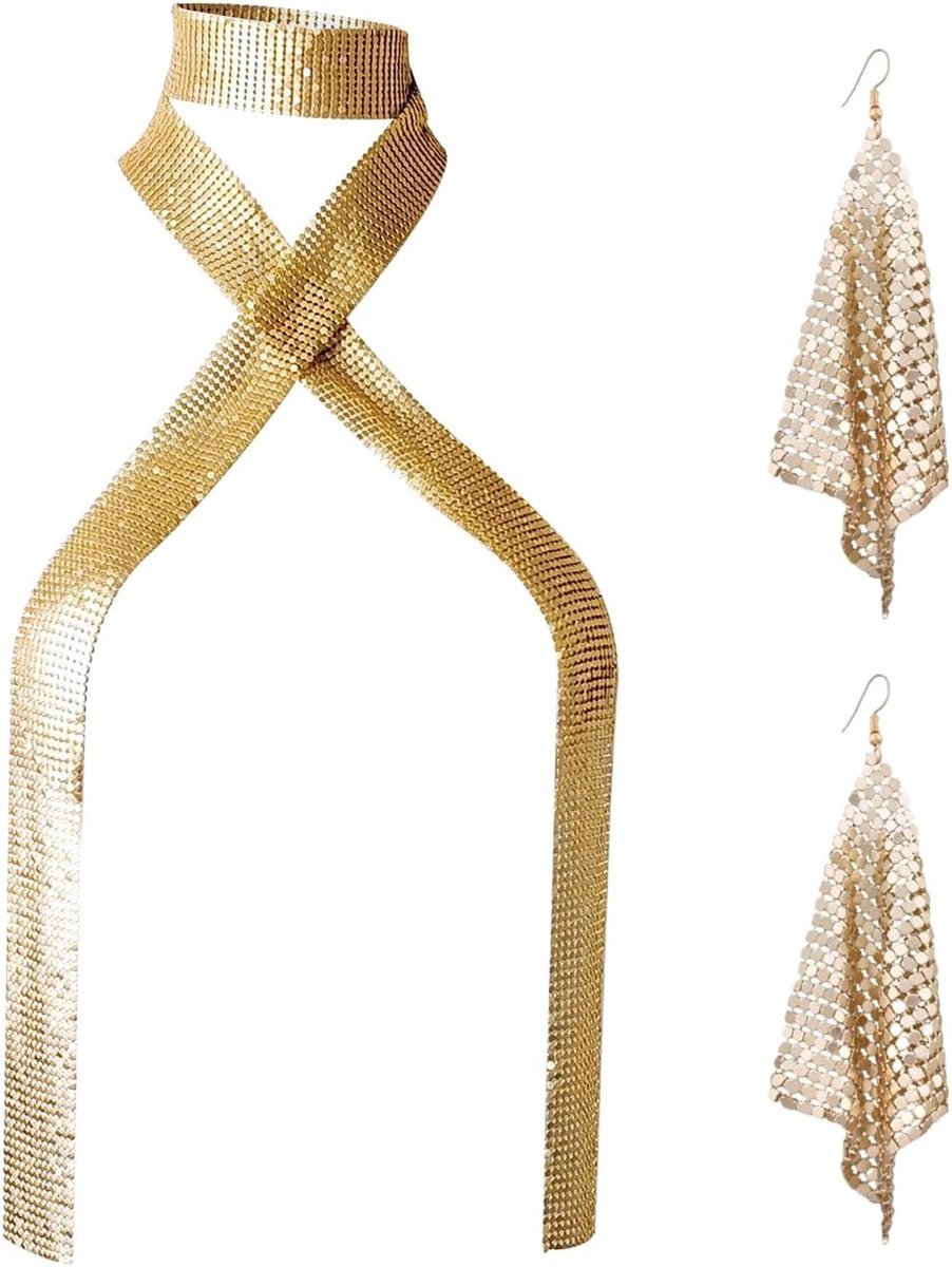 1 Stuk Sjaal Ketting En 1 Paar Oorbellen, Metalen Pailletten Sjaal, Glitter Sjaal, Stijlvolle Persoonlijkheidsjaal, Kingaccessoires