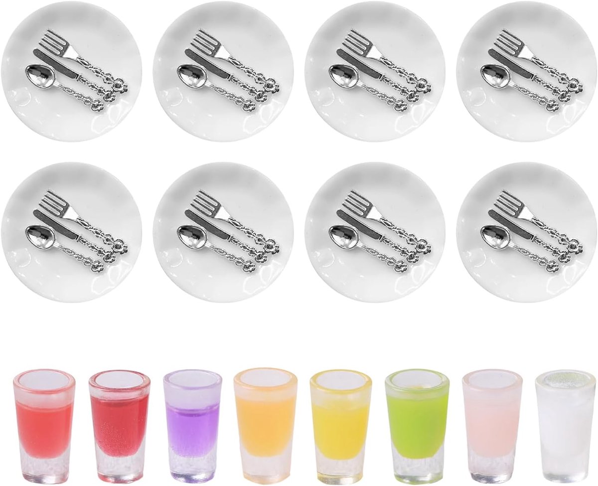 8 sets serviesmodellen en 8 sapbekermodellen, gesimuleerd miniatuurservies, poppenhuizenaccessoires, levensmiddelmodellen, speelgoed voor kinderen