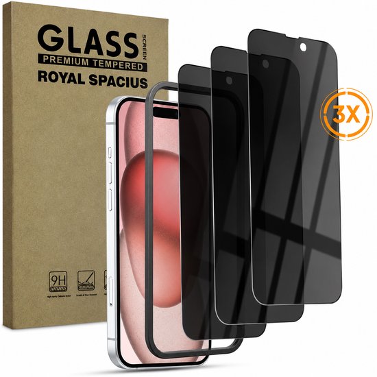Een iPhone met een screenprotector en een verpakking met 3 screenprotectors. Tekst: GLASS PREMIUM TEMPERED ROYAL SPACIUS.