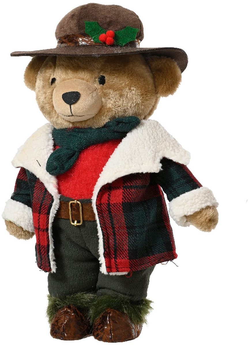 Kaemingk kerstteddybeer beige geruite jas bruine hoed 31 cm