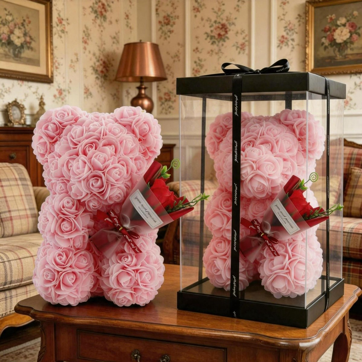 GDJIAYIYI Rozenbeer met geschenkdoos, roze roze teddybeer, kunstmatige roos bloem beer, voor moeders, Valentijnsdag - ShopVlot