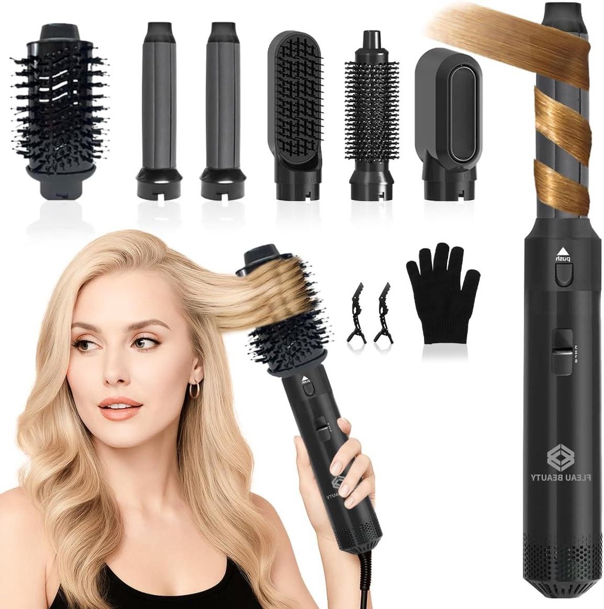 Haarstyler Set - Multistyler Krulborstel - Haar Modelleren - Zes Opzetstukken - 23 x 5 x 5 cm - Zwart