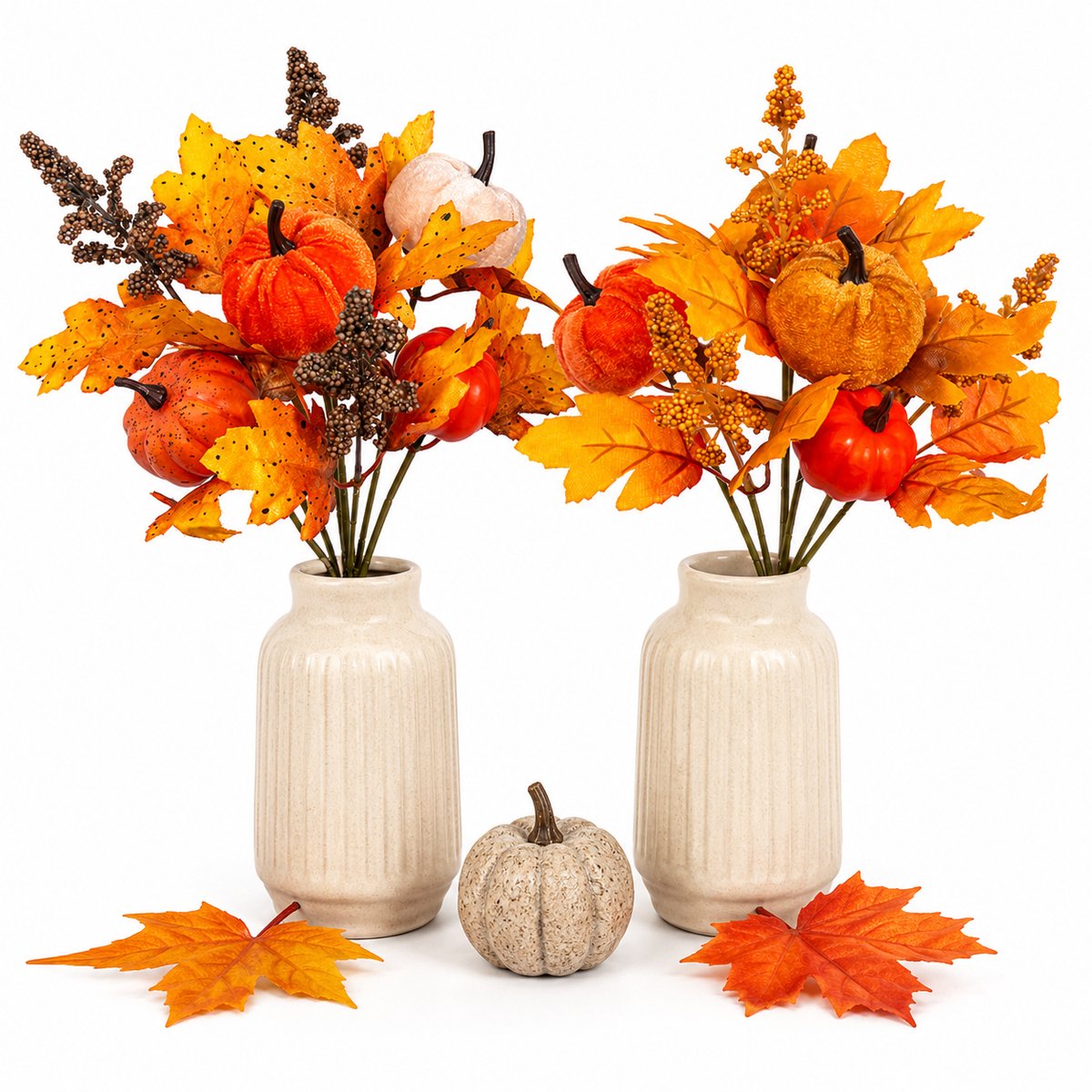 VHV-Herfstdecoratie - 2Kunstboeket - Pompoen - Halloween decoratie - 30 cm - Herfsttakken - Esdoornblad - Bessen - Tafeldecoratie - Thanksgiving - Halloween - Kunstmatig - Geel