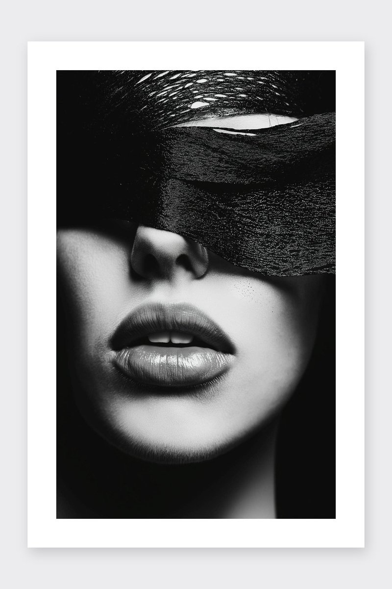 Vrouw Poster - Blinddoek - Portret - Mysterieus - Zwart Wit - Expressief - Elegantie - Modern - posters - formaat 30x40cm - Wanddecoratie - BXS5400KMD - Met kader - passe-partouts stijl