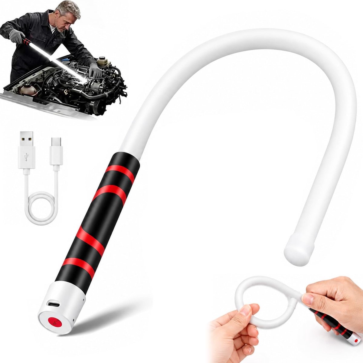 Flexibele LED-werklamp 29 inch, oplaadbare buigbare werklamp met hoge lichtsterkte, 3 helderheidsstanden, draagbare inspectielamp voor monteurs, autoreparatie, garage en moeilijk bereikbare plekken, 1 stuk