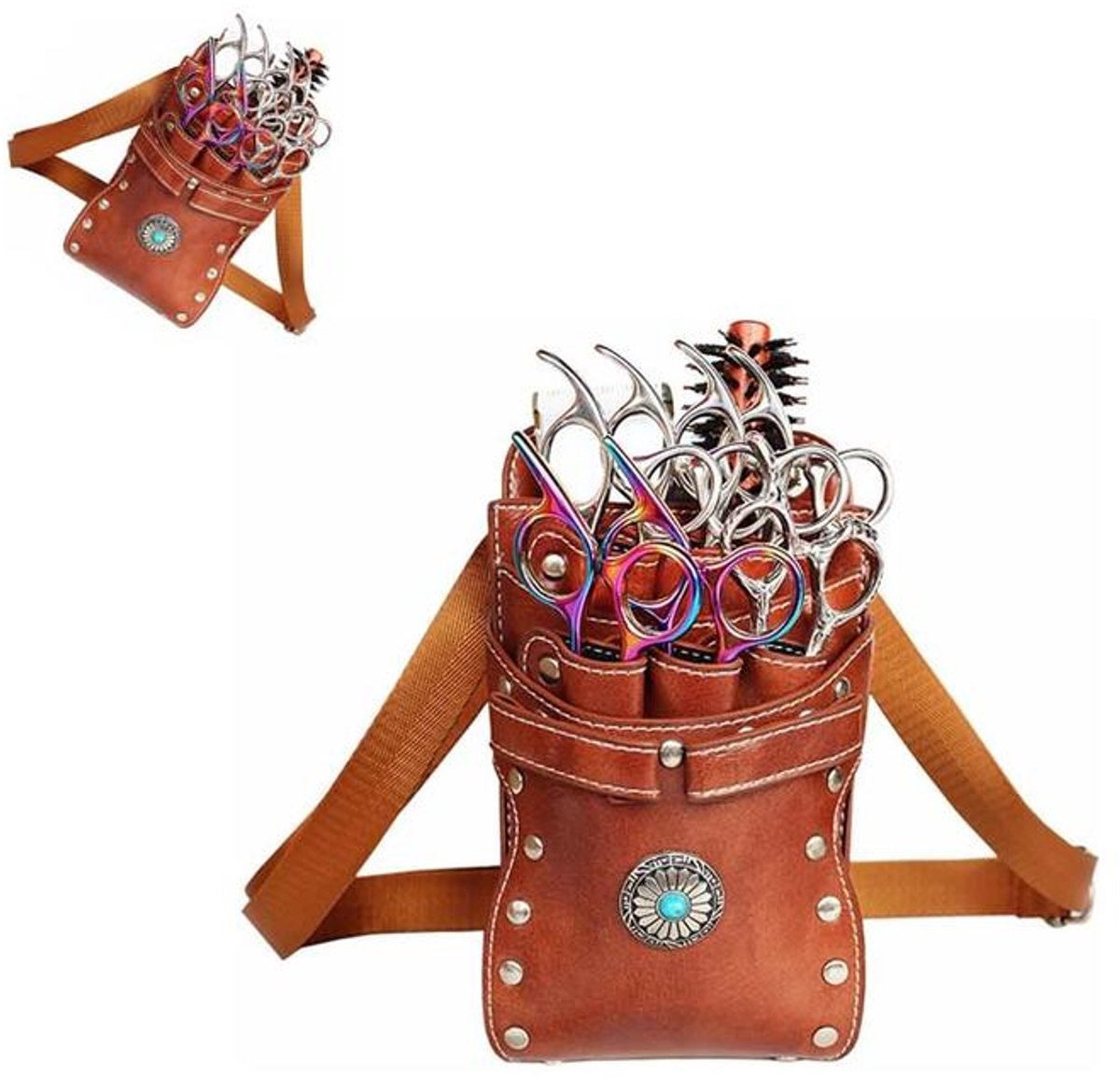 KZQ Kappersheuptas PU-leer - 7-vaks organizer voor tondeuse, schaar en kammen - Voor kappers, stylisten en thuisgebruik - Bruin