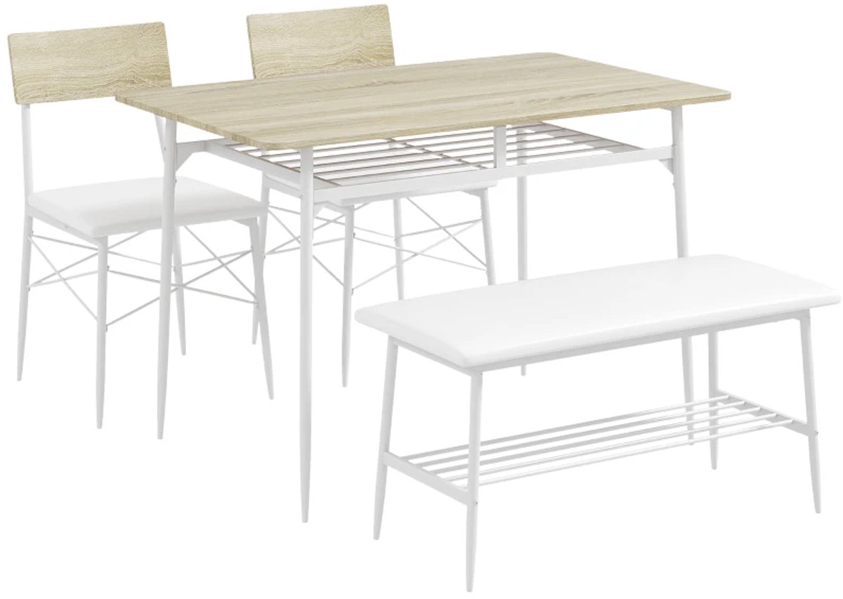 Eethoek - 4-delige Eettafelset Met Stoelen En Bank Voor 4 Personen - Gestoffeerde Zittingen - Stalen Frame - Hout - Eiken