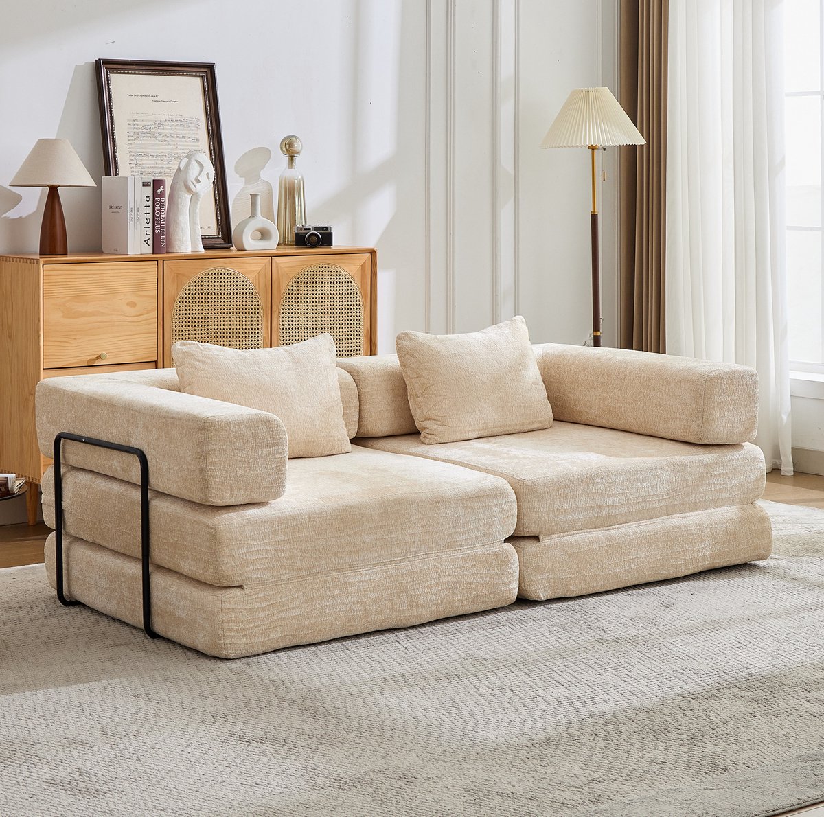MIVRAY Slaapbank 200 x 100 x 63 cm - Opvouwbare 2-Zits Vloerbank Met Slaapfunctie - Voor Woonkamer En Slaapkamer - Chenille Beige