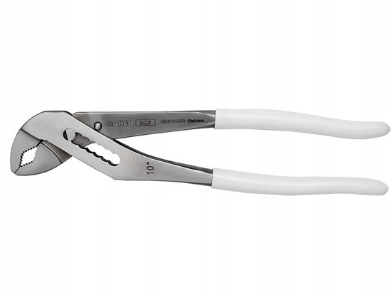 Zilverkleurige Bahco waterpomptang SS410-250 Stainless, 10 inch, met witte handvatten.