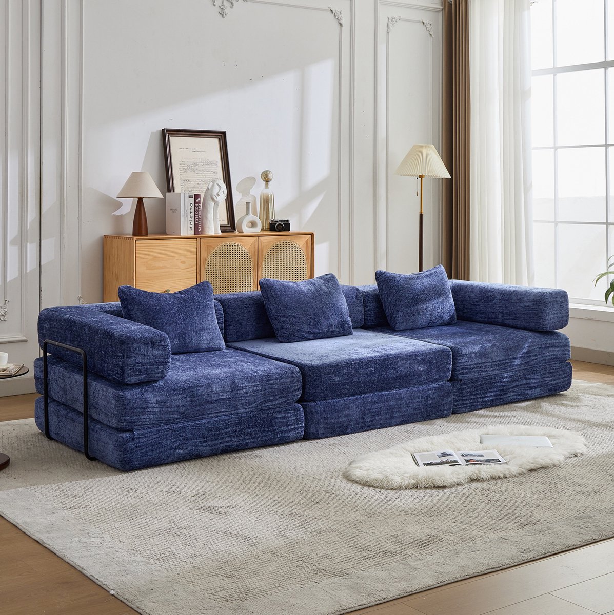 MIVRAY Slaapbank 300 Cm - Modulaire Vloerbank Met Slaapfunctie - Voor Woonkamer En Slaapkamer - Chenille - Donkerblauw