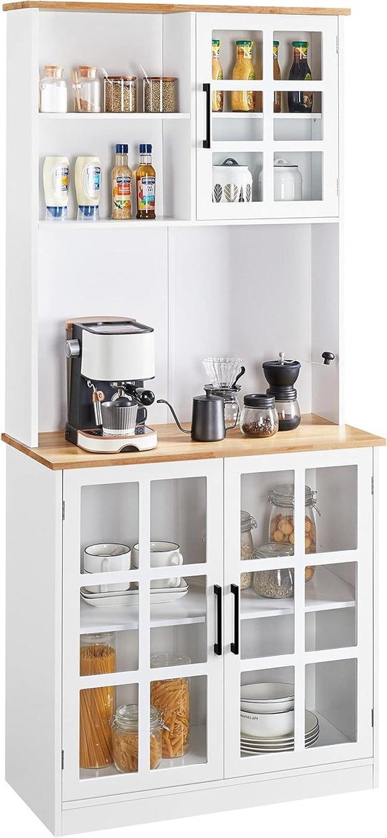 Keukenkast - Voorraadkast Hoge Kast - Keuken Organiseren - Verstelbare Planken Glazen Deuren - 80 x 183 cm - Wit