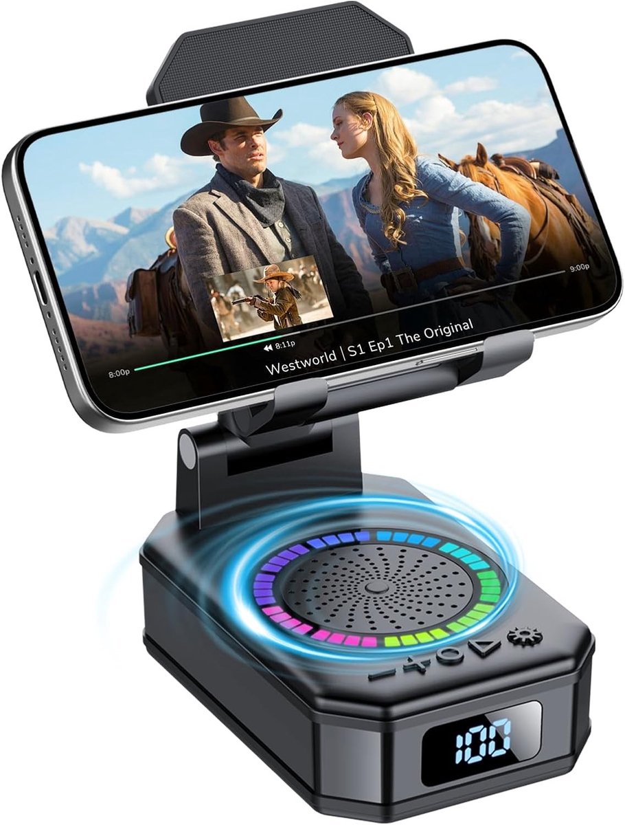 4-in-1 Bluetooth Luidspreker - Diepzwart - Multifunctionele Telefoonstandaard met Oplaadfunctie - Voor Thuis en Kantoor