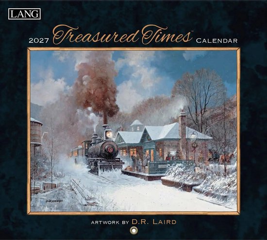 Cover van de 'Treasured Times' kalender 2027 met een winterse afbeelding van een stoomtrein die stopt bij een station.