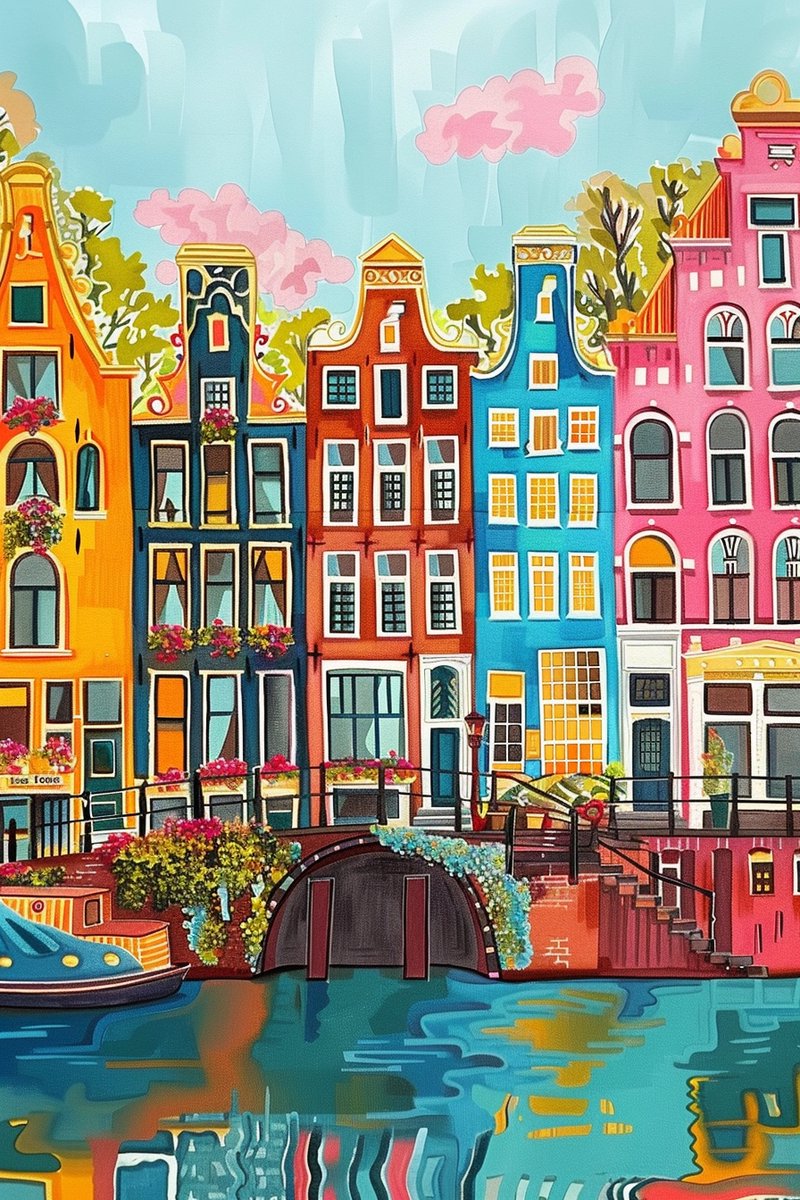 Kleurrijk Amsterdam Poster - Stad - Levendige - Architectuur - Toerisme - Stadsgezicht - Bezienswaardigheid - posters - formaat 30x40cm - Wanddecoratie - XS2634YR