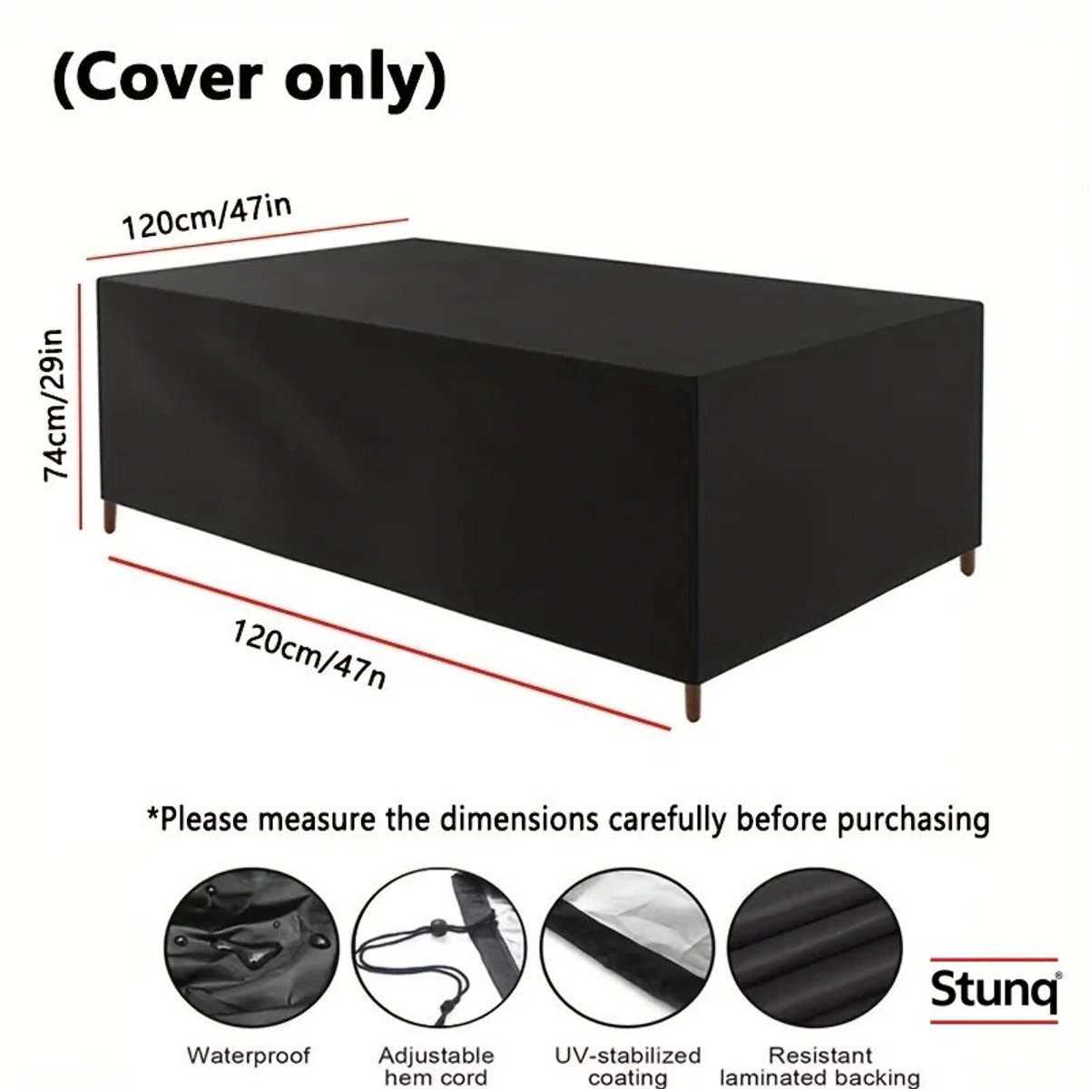 Stunq Beschermhoes voor buiten 120x120x74 cm - waterdichte stofhoes voor vierkante tafel en stoelen, zwart