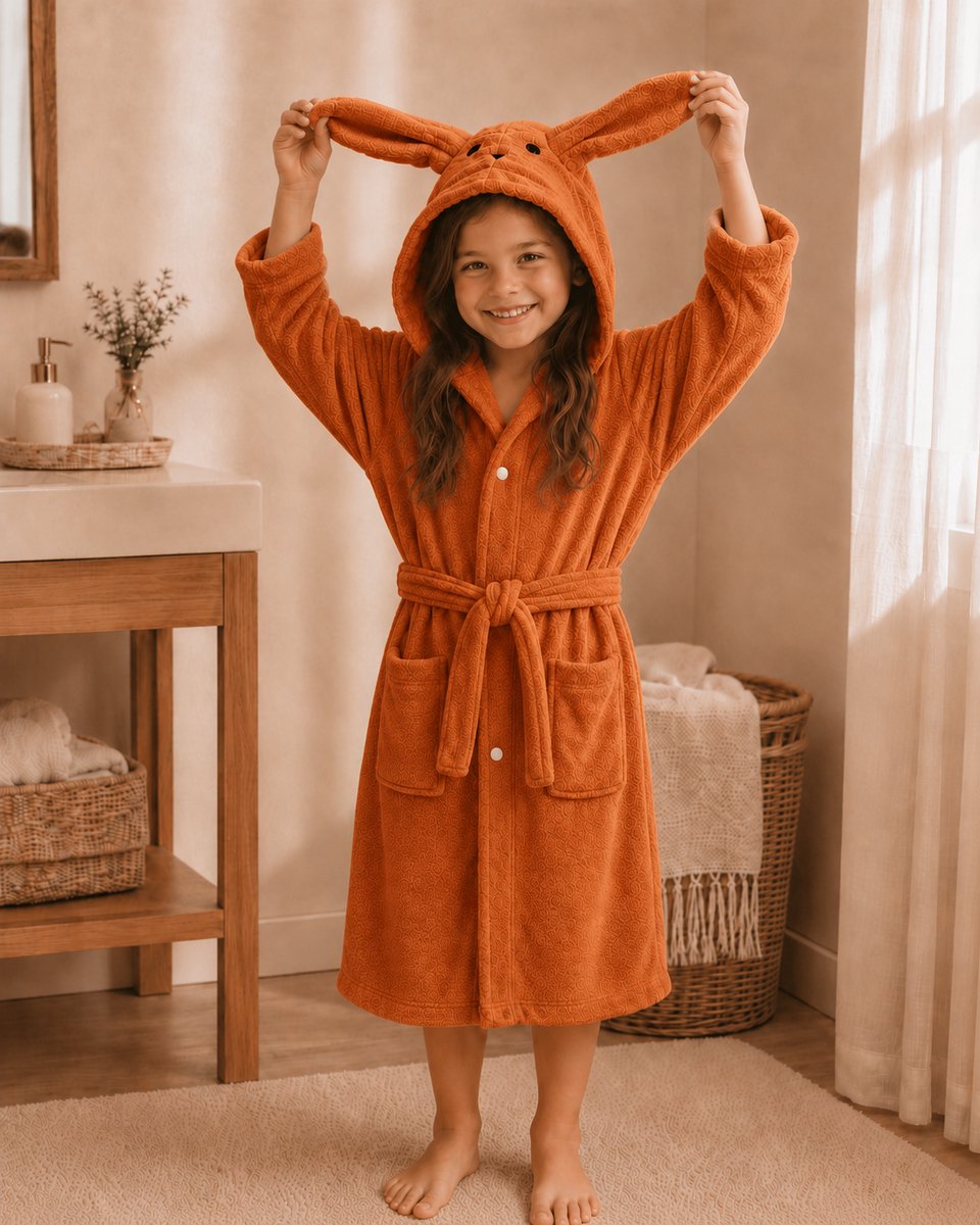 Kinderbadjas | Roest | 3 - 8 jaar | Met drukknopen | Konijn | Badjas | Polyester | Kind