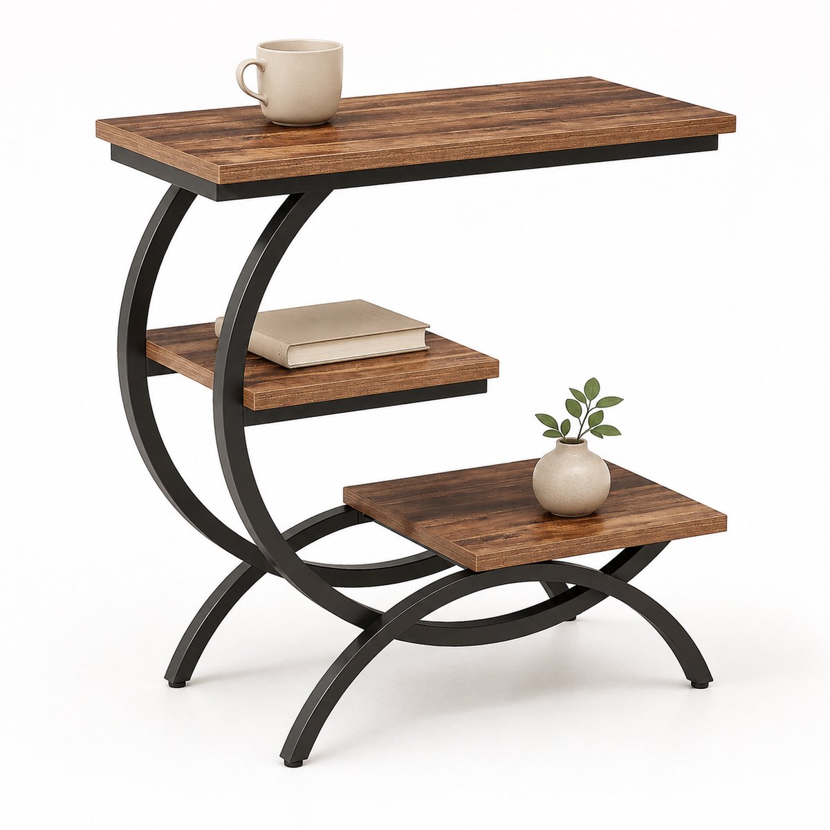 DMG Supply C-vormige Bijzettafel - 3 Niveaus - 60 x 30 x 65 cm - Bruin en Zwart - Metaal