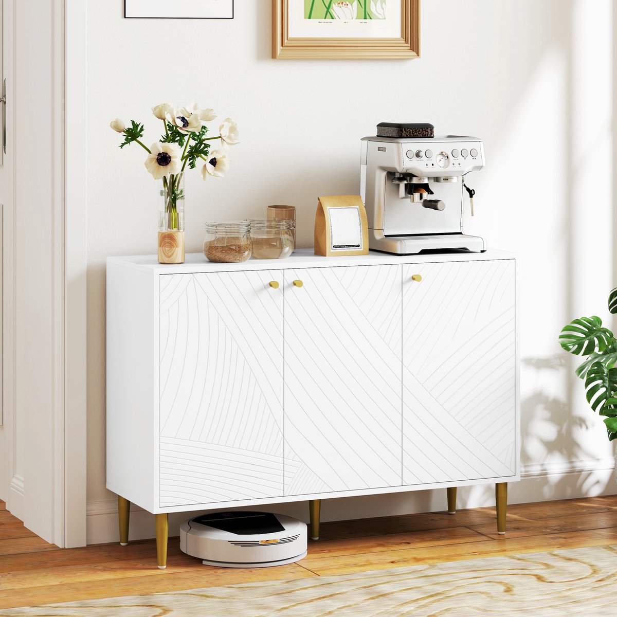 AURA LUMEN Buffetkast-Buffet wit met 2 kasten-3 deuren-verstelbare planken en goudkleurige stalen poten-107x35x77 cm
