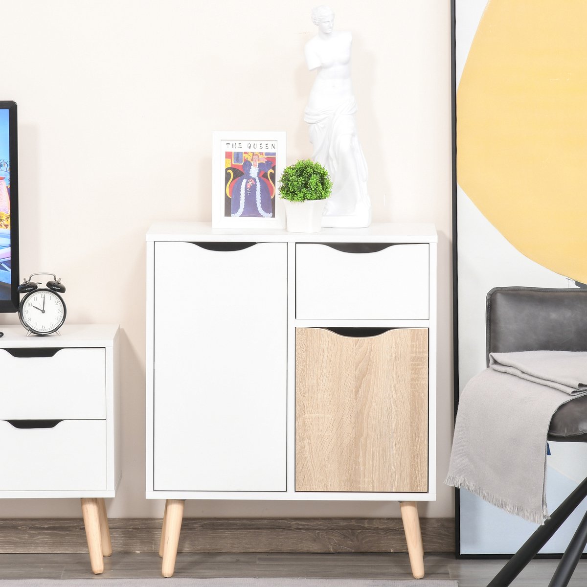 AURA LUMEN Buffetkast-Buffet Scandinavisch Meubel voor Opslag met 2 Deuren en Uittrekkende Lade-Wit Eiken