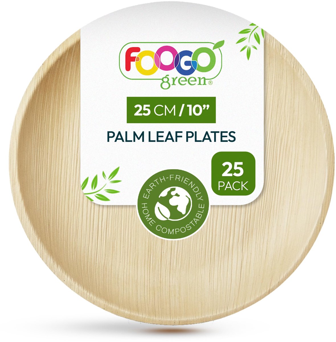 FOOGO Green 25 wegwerp palmbladplaten, 25 cm grote ronde, milieuvriendelijke biologisch afbreekbare composteerbare - ShopVlot