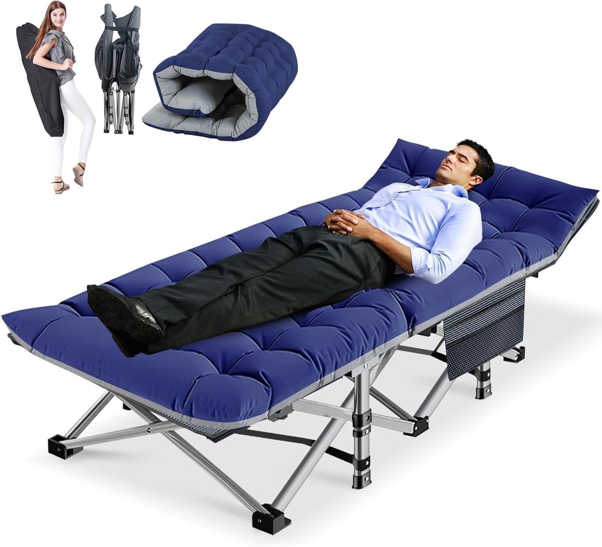 Opvouwbaar Bed - Logeerbed Gastenbed - Ontspannen Buiten - Met Matras Zijvak - 200 kg Belasting - Grijs