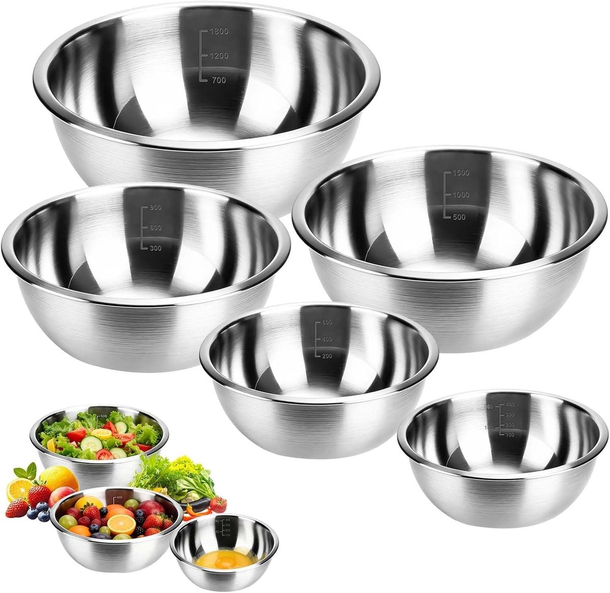 Set van 5 RVS Schalen, Multifunctionele Keukenkom voor Salades, Mixen en Serveren, Stapelbaar en Antislip (14 cm + 16 cm + 20 cm + 22 cm + 24 cm)