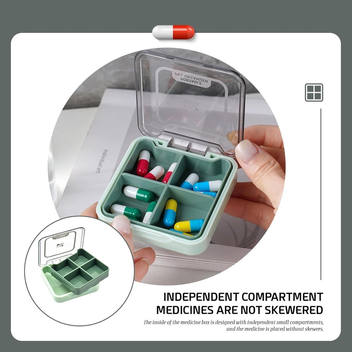 Draagbare pillendoos, BPA-vrij medicijnorganizer, vochtbestendige tabletbox met 4 grote compartimenten voor vitamines en supplementen, ideaal voor reizen en dagelijks gebruik