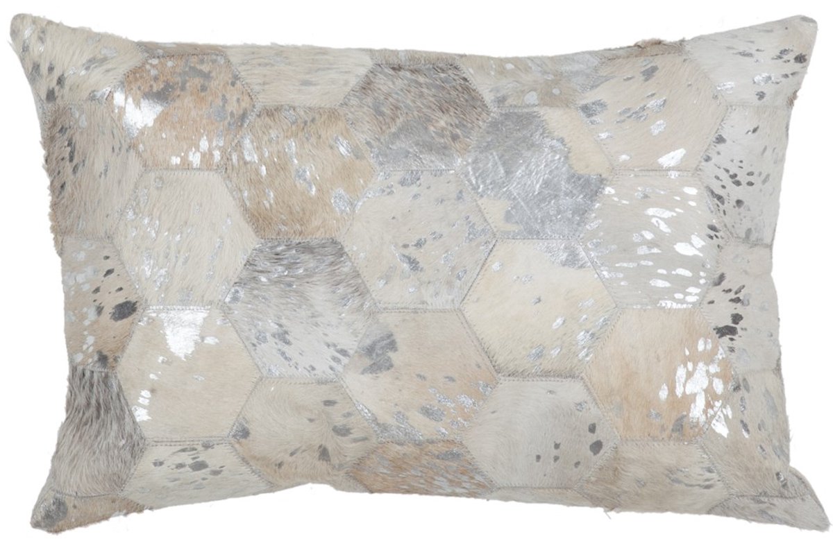 Padiro sierkussen 40 x 60 cm - grijs en zilverkleurig - leer - patchwork met metallic accenten