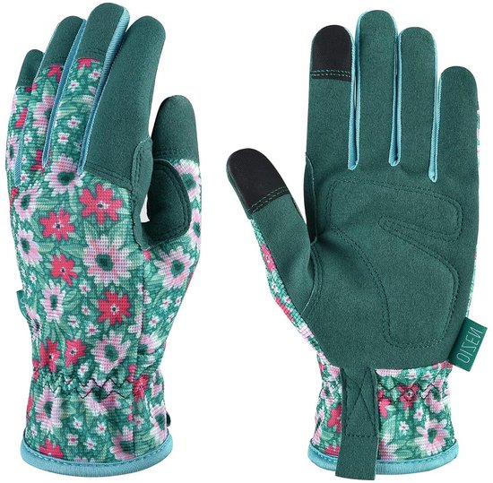 Paar groene werkhandschoenen met een opvallende bloemenprint op de rug en polsband.