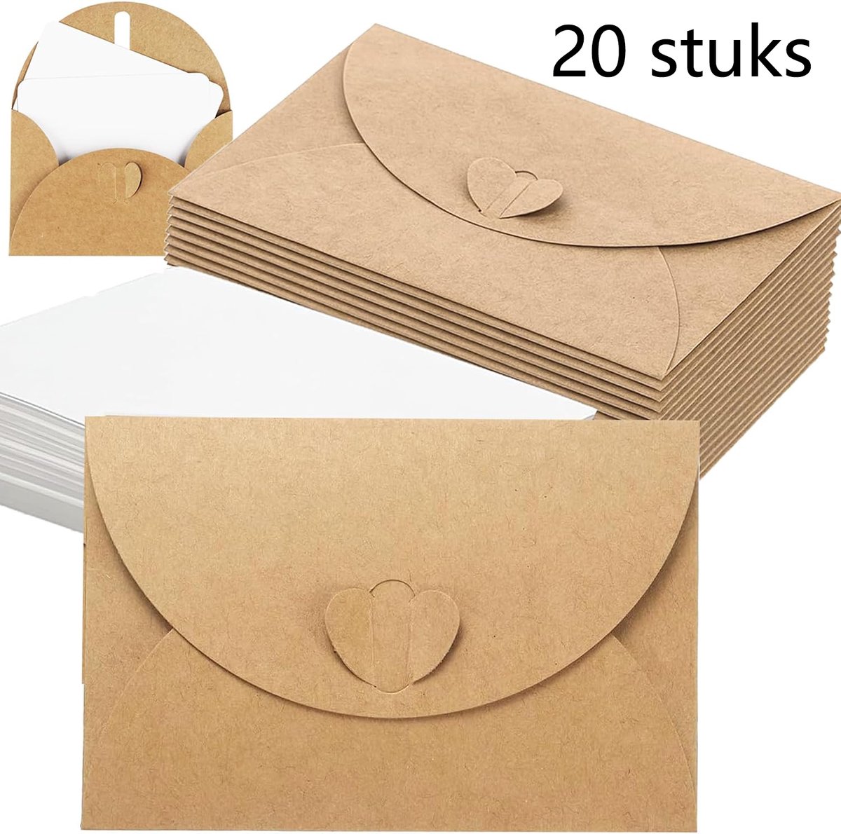20-stuks Kraftpapieren envelop - Mini-envelop - Envelop - mini-enveloppen van rundleer - Inclusief blanco kaarten -Hartvormige gesp - 12 × 10 cm - Geschikt voor visitekaartjes, wenskaarten, verjaardagskaarten, huwelijksuitnodigingen, enz - Bruin,Wit