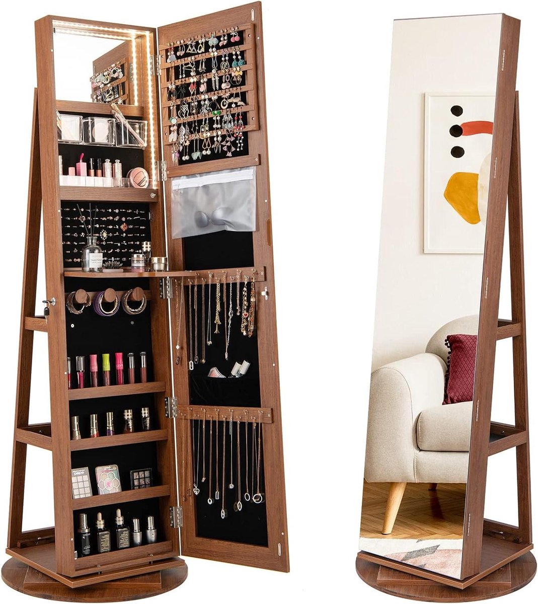 Sieradenkast met spiegel - Juwelenkast Organizer - Sieraden Opbergen - 360 Graden Draaibaar - 161 cm Hoog - Bruin