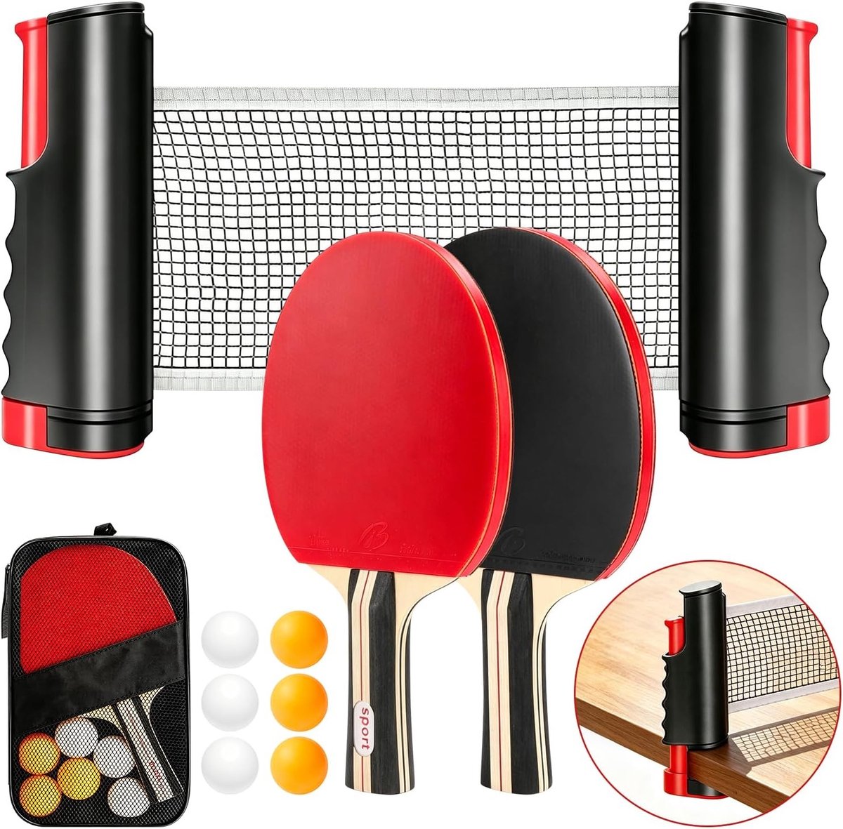 Tafeltennis Set - Multicolor - Voor 2 Spelers - Inclusief Uitschuifbaar Net en Draagtas