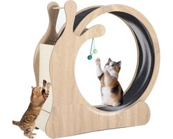 3-in-1 Houten Kattenloopwiel - 110 cm Grote Katten Loopband met Krabpaal & Speelballen - Stille Kattenmolen voor Binnenkatten - Houtkleur
