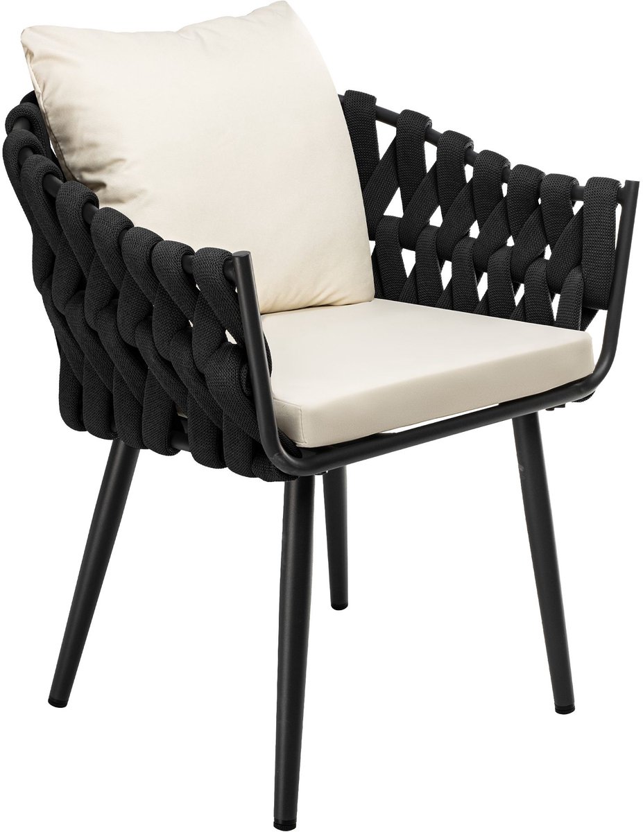 CLP Tuinstoel Naxos - Met Kussen - Touwdesign - Zwart Metaal - Antraciet - creme