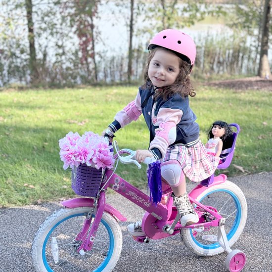 Joystar Little Daisy Meisjesfiets - 14 Inch - Mandje - Poppenzitje - Zijwieltjes - Bel - Handrem - Fuchsia - Geschikt voor buitenactiviteiten in de lente — afbeelding 2