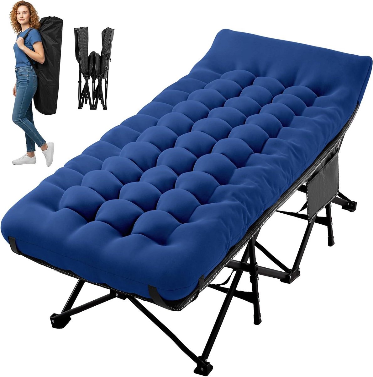 Campingbed Volwassenen - Vouwbed Gasten - Kamperen Reizen - Extra Breed Matras - 190 x 70 cm - Marineblauw