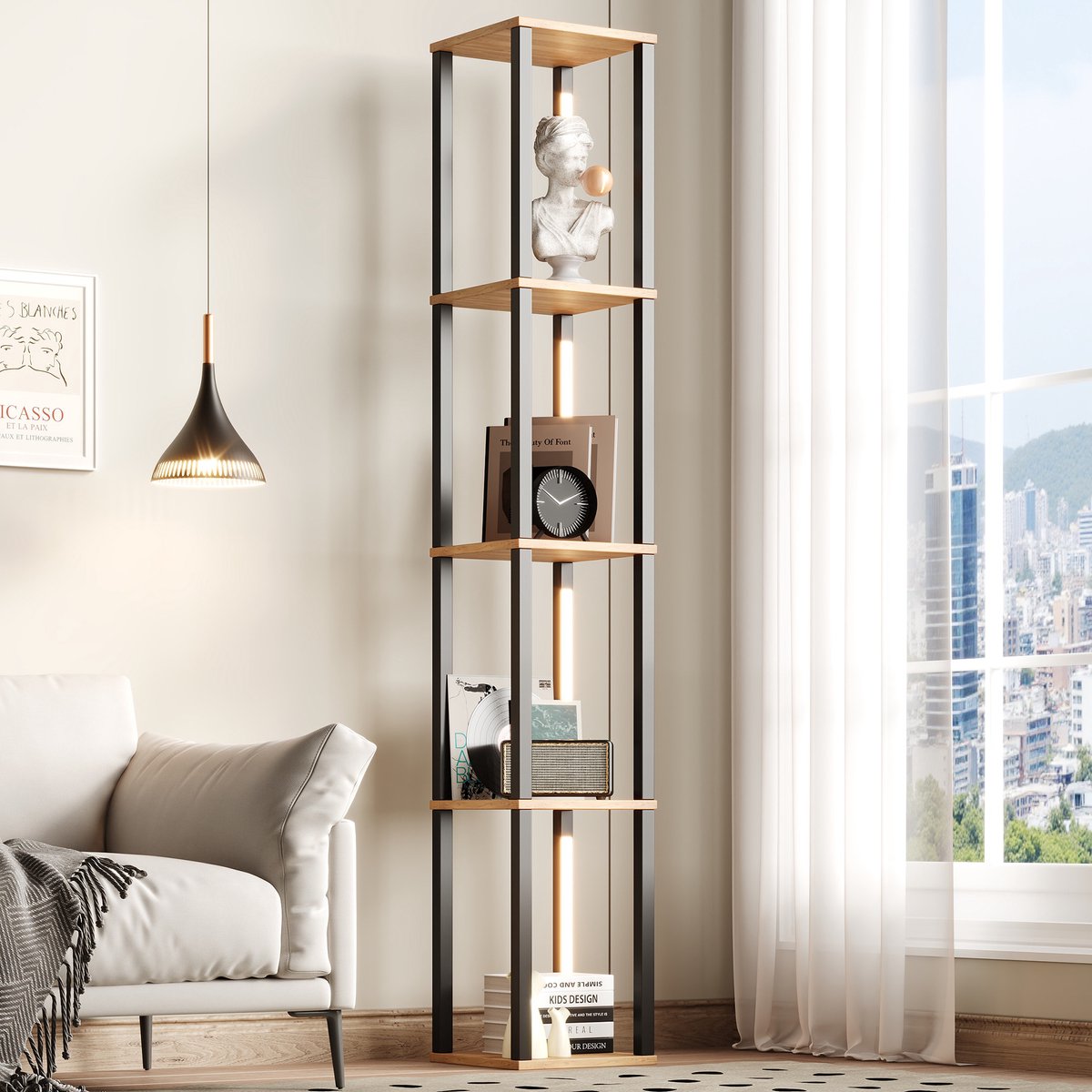 MODFU - Boekenkast - 4 Planken Met LED-Verlichting - Modern - MDF - Zwart En Houtkleur
