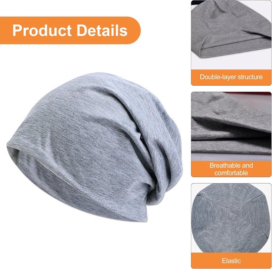 Gedetailleerde productafbeelding van een grijze, slouchy muts. Close-ups tonen de dubbellaagse structuur, ademende stof en elastische constructie.