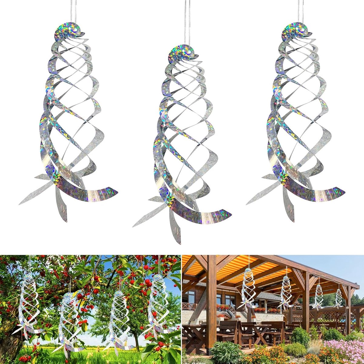 QTTVBTNA – 6 Stuks Reflecterende Vogelverschrikkers – Windspiralen voor Vogelafschrikking – Reflecterende Vogelwering voor Tuin, Boomgaard, Terras en Buiten – Tuindecoratie – Zilver