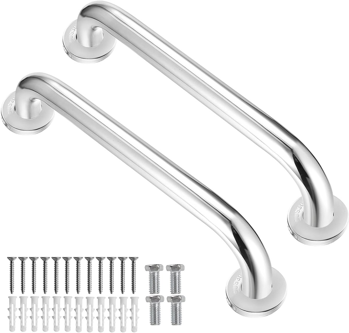 Wandbeugel - Badkamergreep - Toiletgreep - Siliconen greep - Set van 2 - Veilig en antislip - Douchegreep - Geschikt voor mensen met een beperking, ouderen en zwangere vrouwen - 25*304*300 - Roestvrij staal - Inclusief montagemateriaal - Zilver